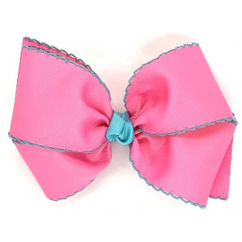 Pink (Hot Pink) / Light Turquoise Pico Stitch Bow - 6 Inch
